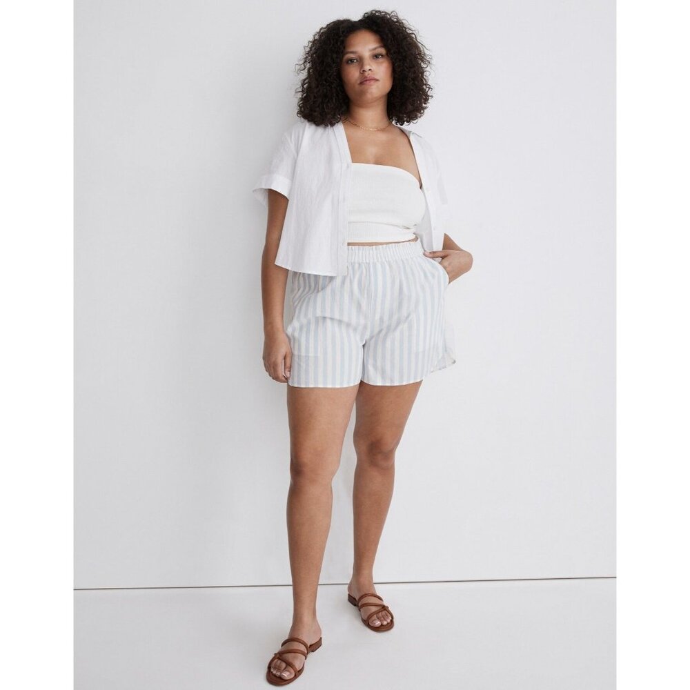 Madewell Cotton Poplin Pull-On Shorts Women's Sz Large Weathered Sky Blue Stripe - Picture 10 of 16